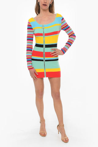 Striped Knitted Mini Dress with Zip Closure