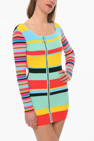 Striped Knitted Mini Dress with Zip Closure