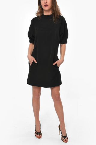 Puffed-sleeve Midi Dress with Embossed Logo