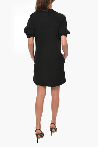 Puffed-sleeve Midi Dress with Embossed Logo