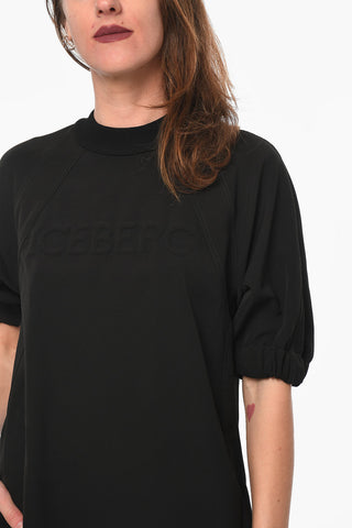 Puffed-sleeve Midi Dress with Embossed Logo