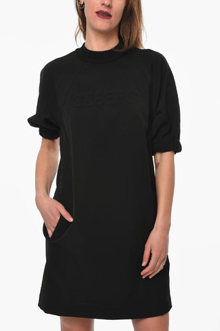 Puffed-sleeve Midi Dress with Embossed Logo