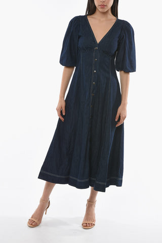 Vestito Midi in Denim con Scollo a V a Maniche a Sbuffo