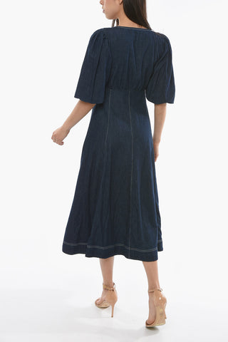 Vestito Midi in Denim con Scollo a V a Maniche a Sbuffo