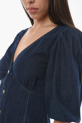 Vestito Midi in Denim con Scollo a V a Maniche a Sbuffo