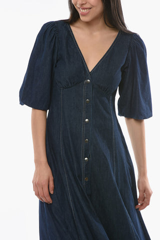 Vestito Midi in Denim con Scollo a V a Maniche a Sbuffo