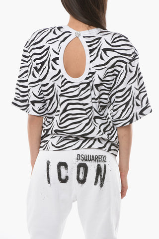 T-Shirt Girocollo a Fantasia Animalier con Dettaglio Gioiello