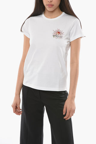 T-shirt Slim Fit con Girocollo e Ricamo Floreale con Lettering