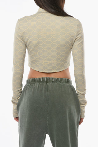 SEASONAL Long-sleeve Crop Top with Monogram Allover and Brooch Detail