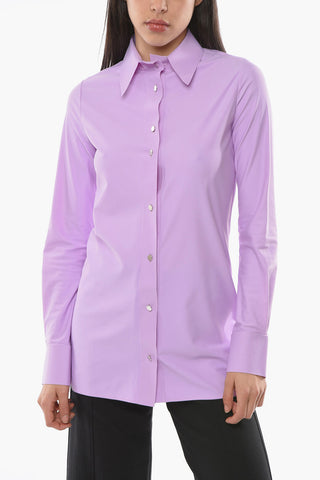 Spread Collar Stretch Fabric Shirt with Snap Buttons
