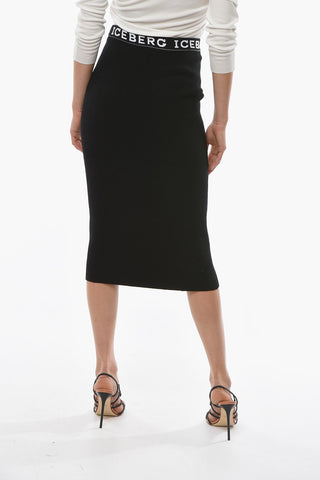 Ribbed Knit Midi Skirt with Logo Embroidery