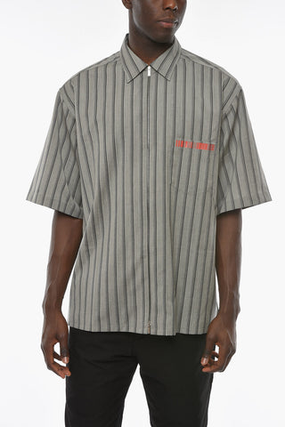 Balanced Stripe Wool and Silk Short Sleeve Shirt