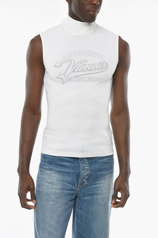 Sleeveless Turtleneck T-shirt with Ton-sur-ton Lettering