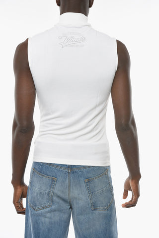Sleeveless Turtleneck T-shirt with Ton-sur-ton Lettering