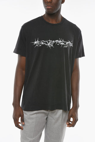 Crew-neck T-shirt with Distressed Effect and Contrasting Graphic Print