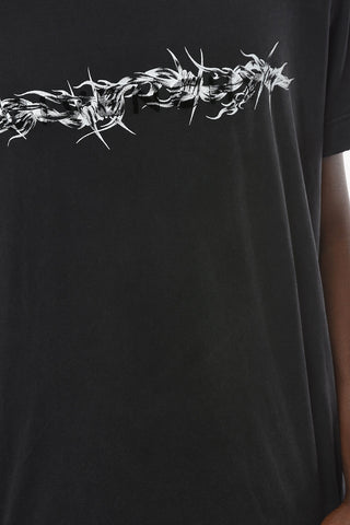 Crew-neck T-shirt with Distressed Effect and Contrasting Graphic Print