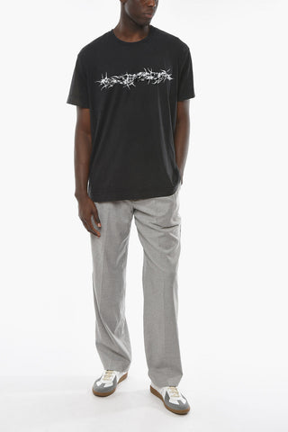 Crew-neck T-shirt with Distressed Effect and Contrasting Graphic Print
