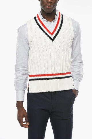 Fisherman Ribbed Cotton Vest with Striped Pattern and V-neckline