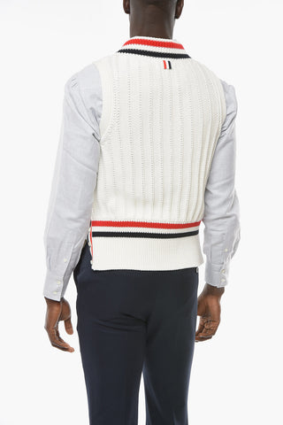 Fisherman Ribbed Cotton Vest with Striped Pattern and V-neckline