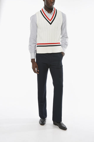 Fisherman Ribbed Cotton Vest with Striped Pattern and V-neckline