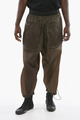 Wide-leg Low-crotch Trousers with Elasticated Waistband and Zipped Detailing
