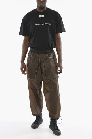 Wide-leg Low-crotch Trousers with Elasticated Waistband and Zipped Detailing