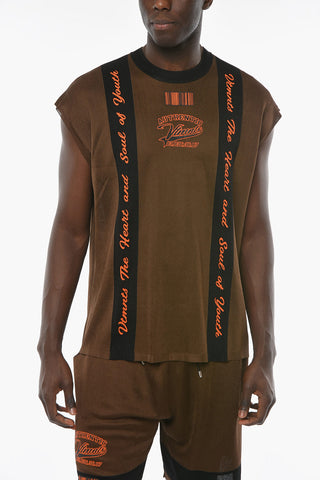 T-shirt Smanicata in Lana Vergine con Stampa BARCODE e Lettering a Contrasto