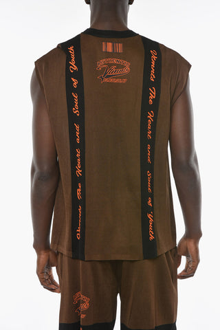 T-shirt Smanicata in Lana Vergine con Stampa BARCODE e Lettering a Contrasto