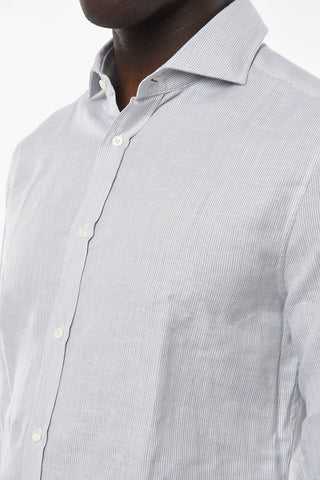 Linen-blend Slim-fitting Shirt in Awning-stripe Motif