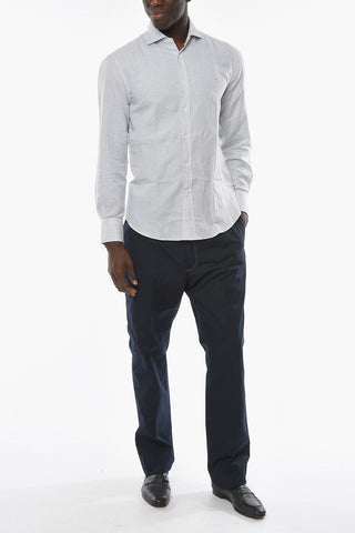 Linen-blend Slim-fitting Shirt in Awning-stripe Motif