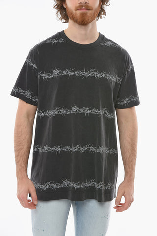 Oversized Crew-neck T-shirt with Distressed Effect and Graphic Print Allover