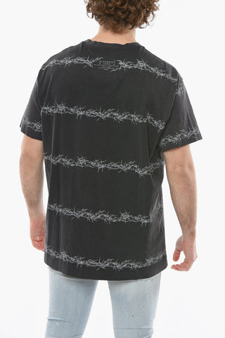 Oversized Crew-neck T-shirt with Distressed Effect and Graphic Print Allover