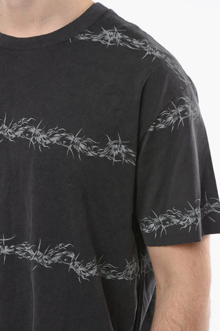 Oversized Crew-neck T-shirt with Distressed Effect and Graphic Print Allover