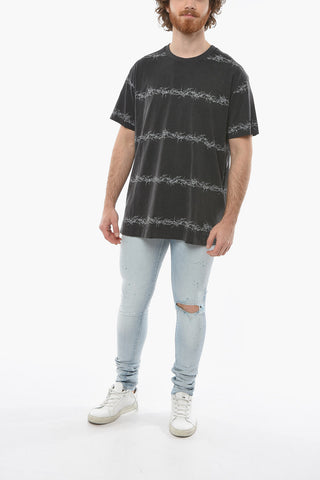 Oversized Crew-neck T-shirt with Distressed Effect and Graphic Print Allover