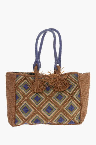 Checkerboard Patterned HOLY Woven Raffia Tote Bag