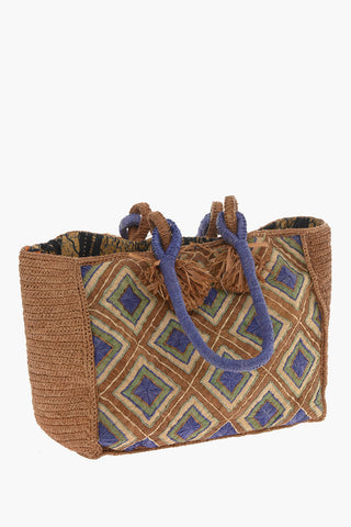 Checkerboard Patterned HOLY Woven Raffia Tote Bag