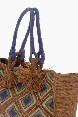 Checkerboard Patterned HOLY Woven Raffia Tote Bag