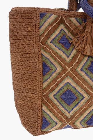 Checkerboard Patterned HOLY Woven Raffia Tote Bag