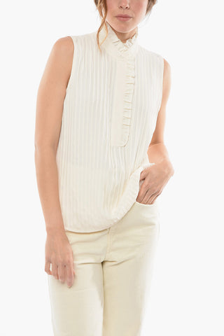 Ruffle Detail Sleeveless Tuxedo Blouse