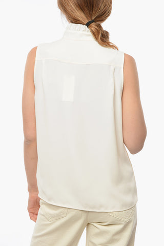 Ruffle Detail Sleeveless Tuxedo Blouse