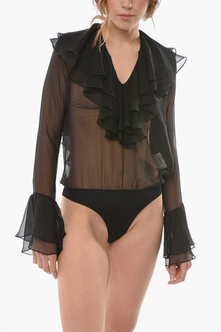 V-neck Sheered Silk Bodysuit with Ruffle Detailing