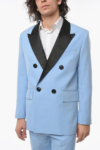Double-breasted Cotton Blend Blazer with Satin Peak Lapel