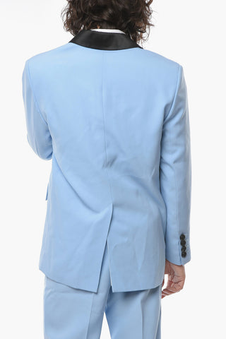 Double-breasted Cotton Blend Blazer with Satin Peak Lapel