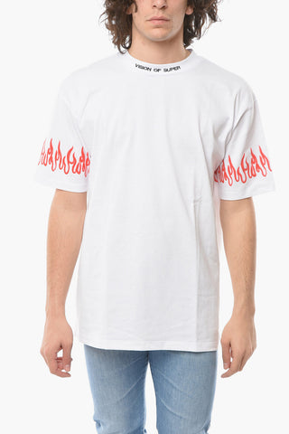 Crew-neck T-Shirt with Printed Flames on the Sleeve