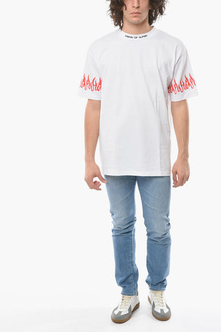 Crew-neck T-Shirt with Printed Flames on the Sleeve