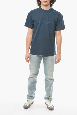Acid Wash Effect Crew-Neck T-shirt with Embossed-Logo