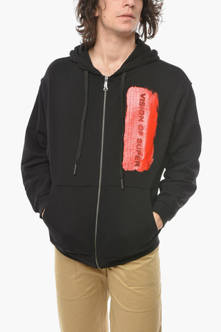 Logo Printed Brushed Cotton Sweatshirt with Zip Closure