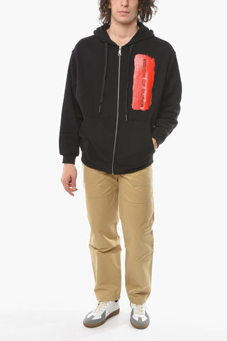 Logo Printed Brushed Cotton Sweatshirt with Zip Closure