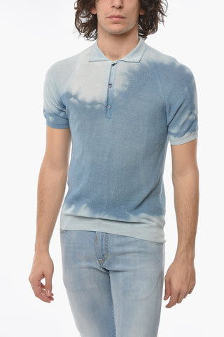 Acid Wash Effect Sweater with Neck Polo