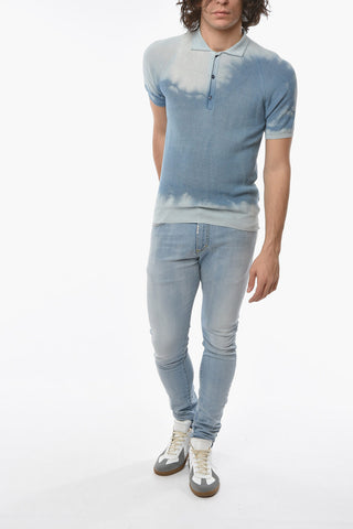 Acid Wash Effect Sweater with Neck Polo